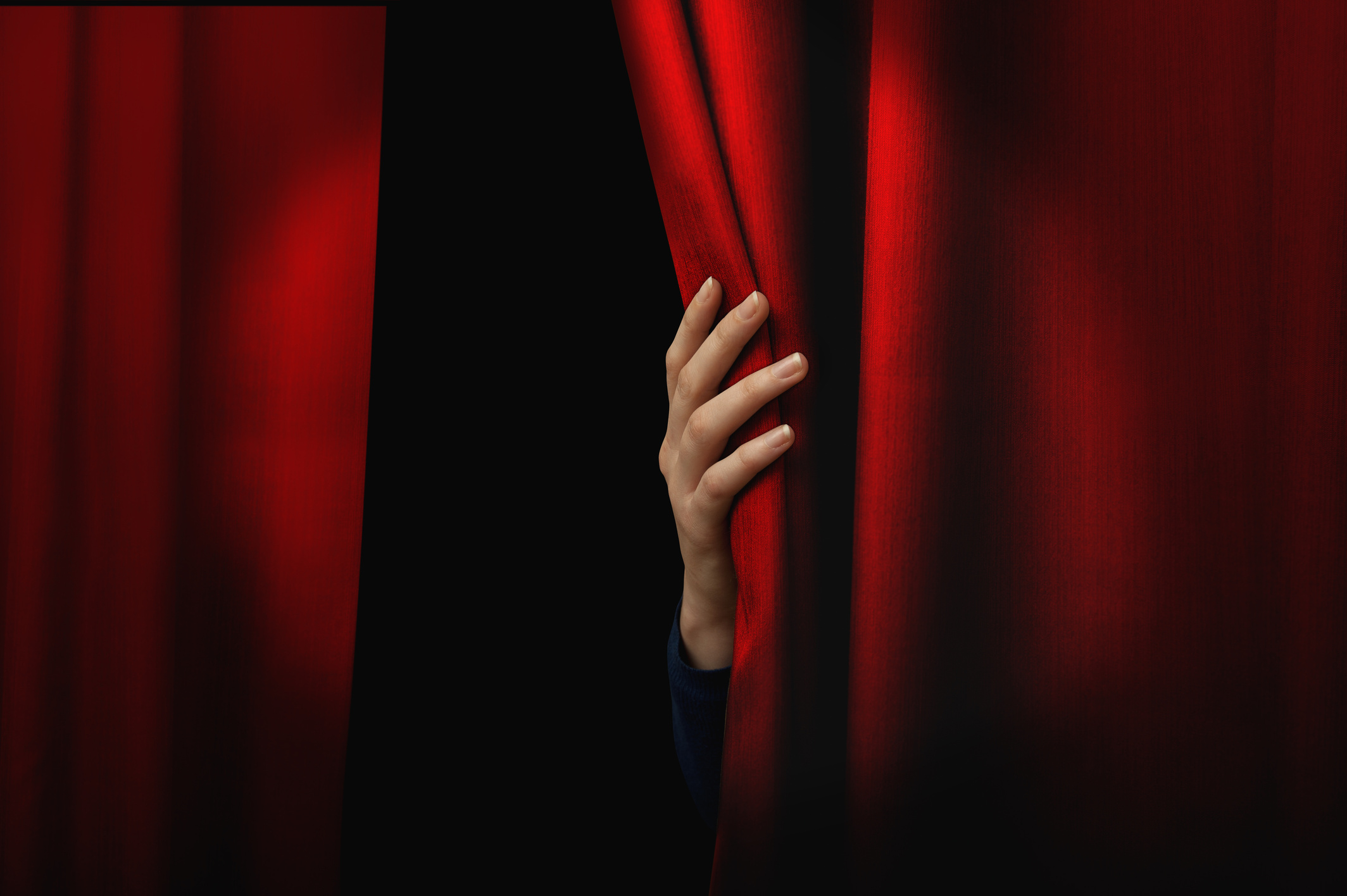 Girl Opens Red Curtain of a Theater. the Show Can Starts
